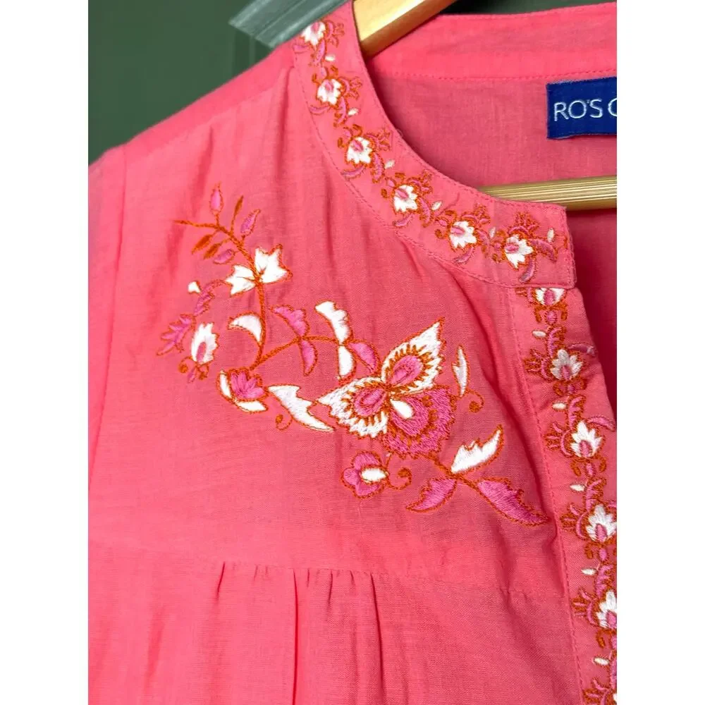 NWT Ro's Garden Isabel Mini Cotton Voile Embroidered Resort Dress Pink Coral XS - Picture 3 of 5